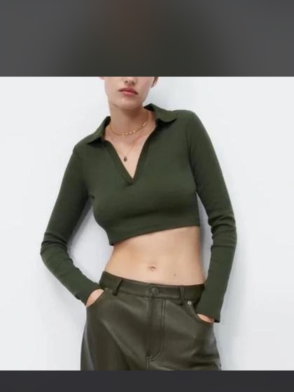 Zara Olive Green Cropped Long-Sleeve Polo